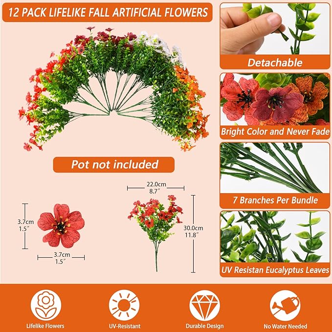 Artificial Fall Flowers for Outdoor, 12 Bundles Multicolor Fake Fall Plants for Decoration, UV Resistant No Fade Faux Mums Silk Flower for Autumn Porch Patio Planters Yard Garden