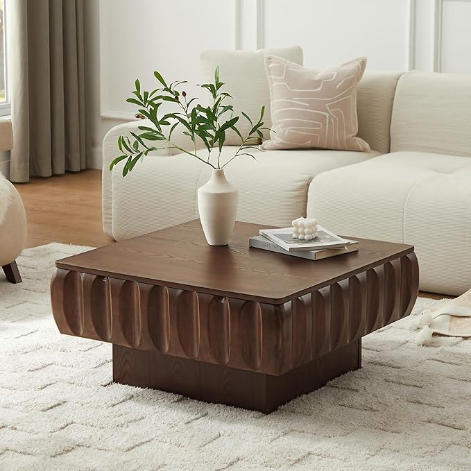 31.1" Square Lift-Top Coffee Table, Modern Fluted Tea Table with Hidden Storage for Living Room, Apartment or Office, Walnut