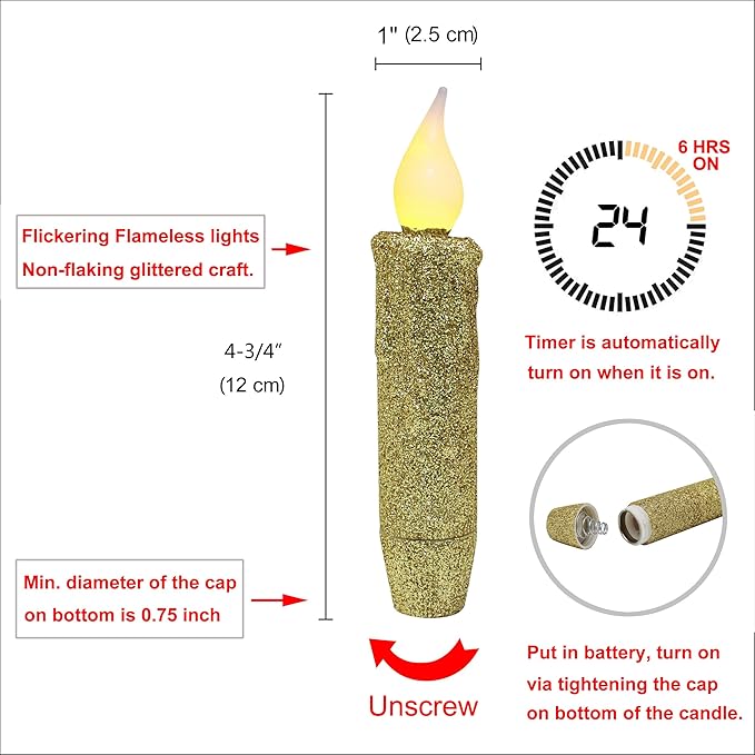 CVHOMEDECO. Glitter Flameless Candles Flickering Battery Operated LED Taper Candles with Timer for Home, Wedding, Halloween, Christmas Decor. Gold, 4-3/4 Inch, Set of 6