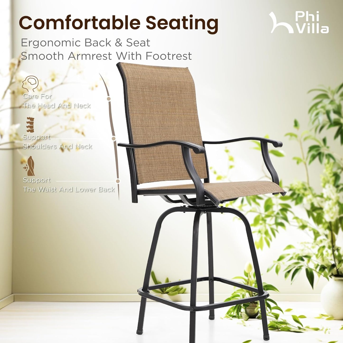 PHI VILLA 3 Piece Outdoor Bar Set, High Top Patio Table and Chairs with Brown Textilene Fabric & Rustproof Metal Frame for Backyard, Balcony, Garden & Poolside