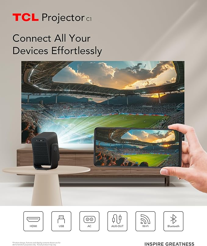 TCL C1 Smart Projector 4K Support, Google TV & Netflix Officially Licensed, WIFI and Bluetooth, Auto Focus Keystone, Native 1080p, Dolby Audio, 285° Portable Mini Projector for Home Theater
