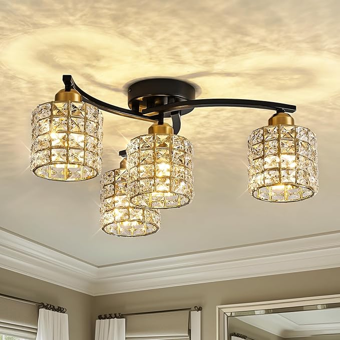 Flush Mount Ceiling Light, 4-Light Black and Gold Semi Flush Mount Lighting Fixture, Modern Farmhouse Ceiling Lamp with Crystal Shade for Bedroom, Living Room, Kitchen, Hallway