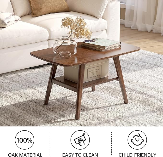 100% Solid Oak Wood Coffee Table for Living Room, 2-Tier Small Table with Storage Shelf, Mid Century Modern Coffee Tables (Walnut, 31.49" x 19.68" x 17.32")