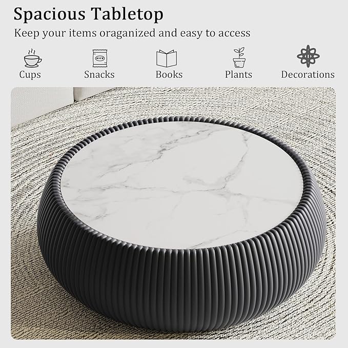 27.55" Grey Round Coffee Table, Drum Coffee Table with Sintered Stone Tabletop and Fluted PU Leather Covered and Stable Base, Circle Cocktail Tea Table for Living Room