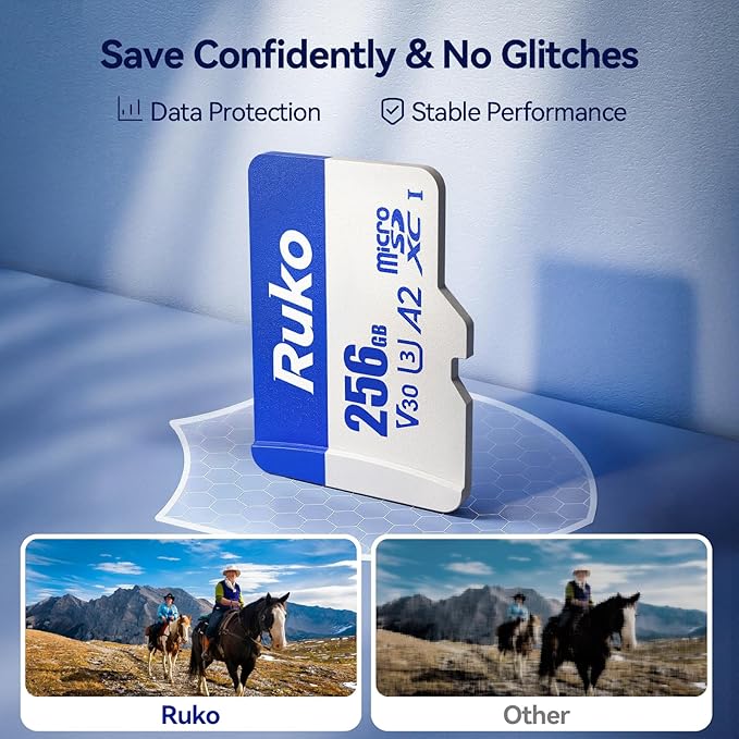 Ruko 256GB Micro SD Card with Adapter & Reader, A2, Class10, UHS-I U3/V30, 4K UHD, Up to 100MB/s Read, TF Memory Card for Drone, Camera, Gaming Console