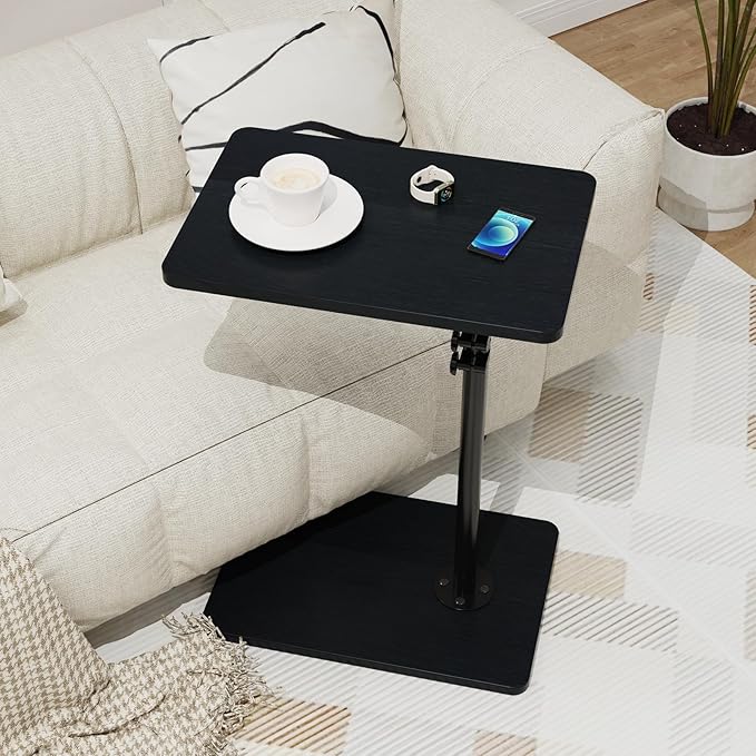 TV Tray Table, Adjustable C Shaped Side Table for Couch, 360°Swivel Couch Side Table C Table That Slide Under Couch Desk for Small Space Sofa Bed Snack Living Room Bedroom (Black)