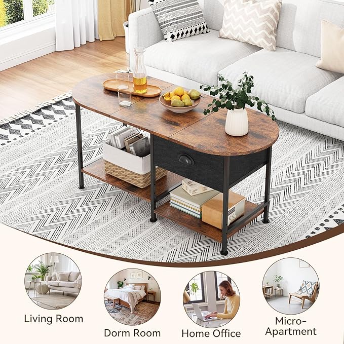 37" Oval Small Coffee Table with Storage,Modern Wood Living Room Center Table for Small Space,Apartment,Home Office,Drawer & Open Shelves,Easy Assembly,Rustic Brown