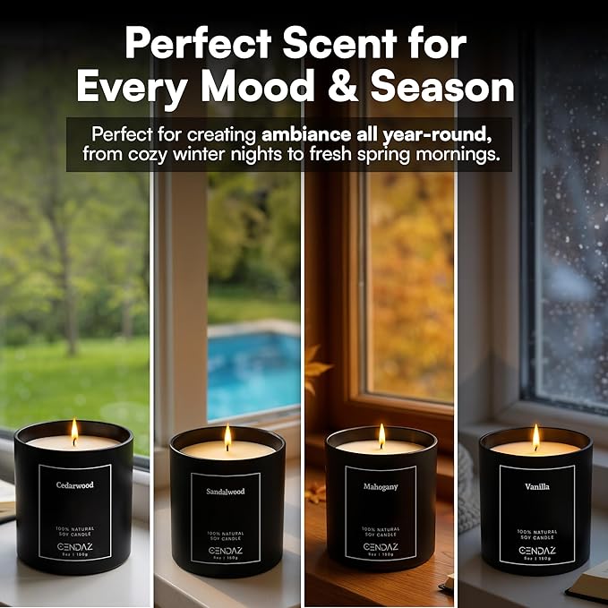 Mens Candle Set 4 Pack with Snuffer Included Soy Scented Candles for Men Vanilla Cedarwood Mahogany Sandalwood 120h Total Burn Luxury Gift for Bedroom Black Home Decor Masculine Aroma Jar Candle Kit