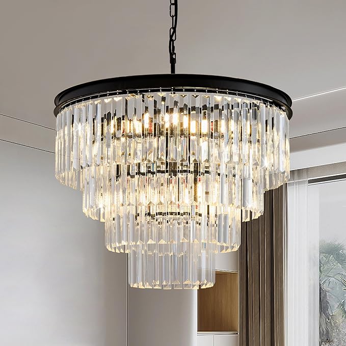 22.8" Crystal Chandelier Lights 10-Light K9 Crystal Pendant Light 4-Tier Black Luxury Crystal Hanging Light Fixture for Dining Room Living Room Kitchen Bedroom Stairway
