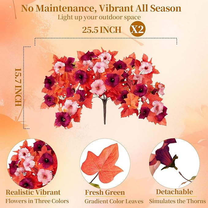 Artificial Fall Fake Flowers Plants for Outdoor Decoration 2PCS No Fade Faux Petunias UV Resistant Realistic Autumn Silk Flowers for Home Garden Balcony Yard Porch Deco (Dark Red)