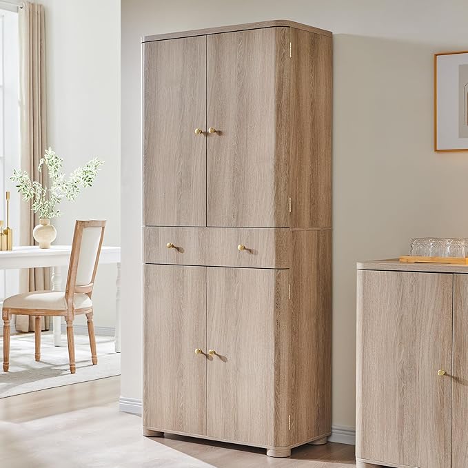 71" Tall Kitchen Pantry, Modern Curved Pantry Storage Cabinet with 4 Doors and 6 Adjustable Shelves, Cupboard for Kitchen, Dining Room, Living Room and Bathroom, Light Grey