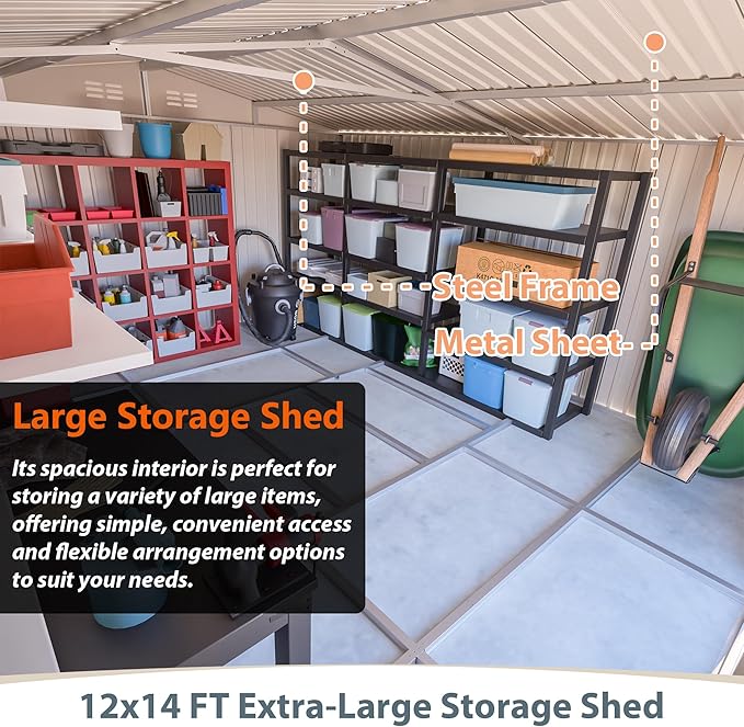 Mulinsonfly12x14 FT Outdoor Metal Storage Shed with Floor Frame, Extra-Large Steel Garden Tool Shed with Lockable Double Doors, Heavy-Duty Backyard Storage for Lawn Equipment, Bikes & Patio Furniture