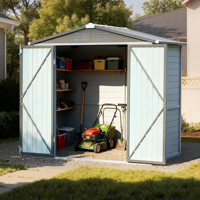 4x6FT Wood & Metal Outdoor Storage Shed, Tool Shed with Sloping Roof and Lockable Door, Shed for Backyard Garden Patio Lawn