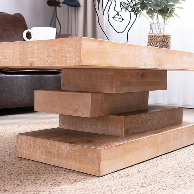 WILLIAMSPACE 47.6" Rectangular Wood Coffee Table with Wood Block Base, Modern Rustic Center Table for Living Room, Farmhouse Style Side End Table Furniture, Natural