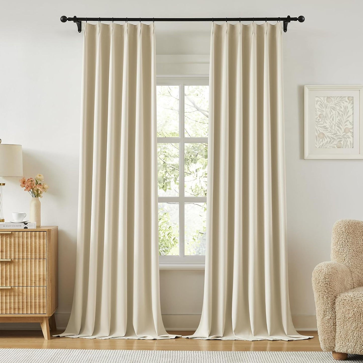KangBang Cream Beige Curtains 102 Inches Long 2 Panels Set, 60 Inch Wide Pinch Pleated Blackout Draperies for Sliding Glass Door Cottage, Memory Trained Elegant Modern Decor, W60xL102