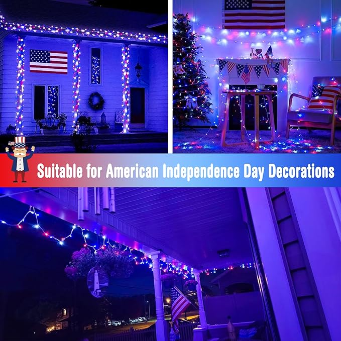 JMEXSUSS 2 Pack 100 LED Red White and Blue Lights, 33ft Connectable 4th of July Lights Outdoor, 8 Modes Patriotic String Lights Indoor for Independence Day 4th of July Memorial Day Holiday Decor