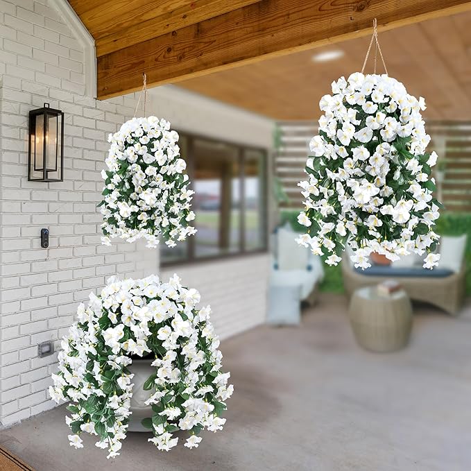 Sggvecsy Artificial Fake Hanging Flowers Plants for Outdoor Outside Spring Summer Decoration 4PCS Faux Silk UV Resistant Realistic Morning Glory Trailing Vines for Home Porch Patio Balcony(White)