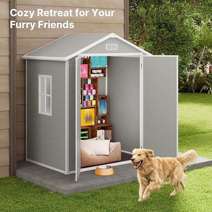 Gizoon 6x4.4 FT Outdoor Storage Shed with Floor, All-Weather Resin Garden Shed with Lockable Doors & Windows, Plastic Tool Sheds for Patio, Lawn & Garden (Grey)