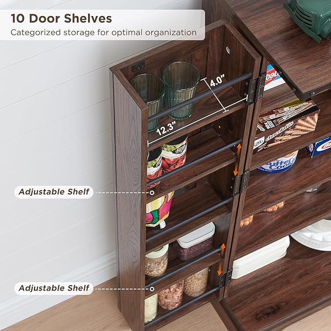 ACCOHOHO 47" Kitchen Pantry, Farmhouse Storage Cabinet with Barn Doors, Organizer and Adjustable Shelves, Rustic Wood Cupboard for Kitchen, Dining Room, Bathroom and Hallway, Brown