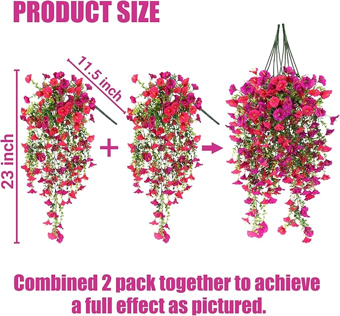 Artificial Fake Hanging Flowers Plants for Outdoor Outside Spring Summer Decoration 2PCS Faux Silk UV Resistant Realistic Morning Glory with Eucalyptus for Home Porch Patio Balcony(Magenta & Hot pink)