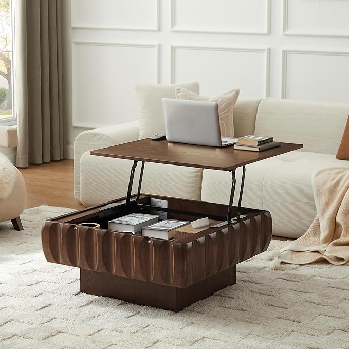 31.1" Square Lift-Top Coffee Table, Modern Fluted Tea Table with Hidden Storage for Living Room, Apartment or Office, Walnut