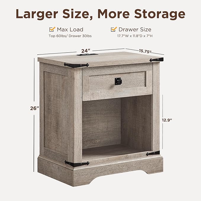 T4TREAM 24" Farmhouse Nightstand with Charging Station Set of 2, Large End Table with Drawer and Open Storage Cabinet, Rustic Wood Bedside Table Sofa Table for Bedroom, Light Rustic Oak