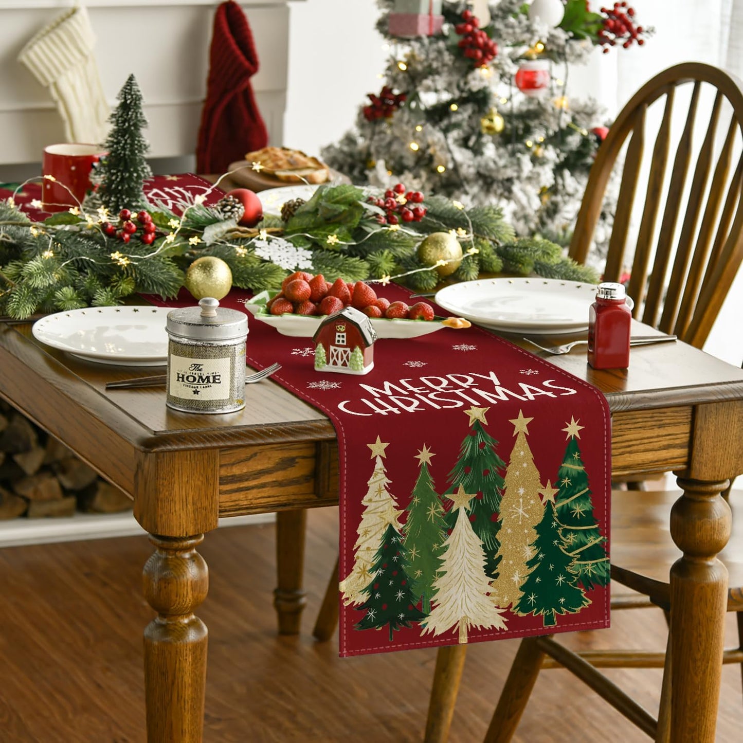 Artoid Mode Xmas Trees Snowflakes Red 210 GSM Merry Christmas Table Runner, Winter Kitchen Dining Table Decoration for Home Party Decor 13x60 Inch