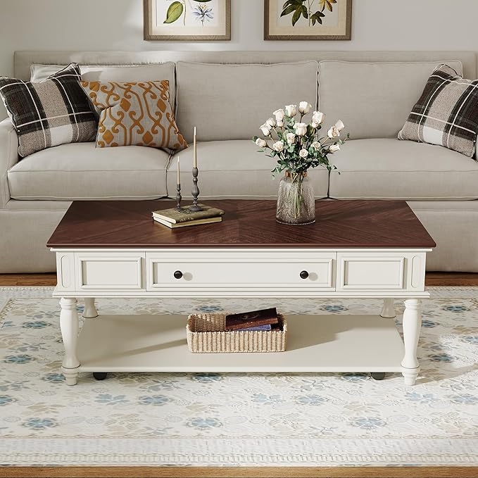 Polibi Coffee Table with Large Storage Drawer, Retro Movable Rectangular Cocktail Table with 4 Caster Wheels for Livingroom, Easy Assembly (Walnut+White)