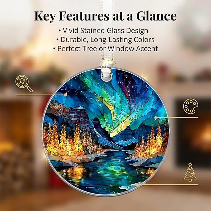 Northern Lights Christmas Ornaments 2025, Stained Glass Christmas Tree Decorations, Exchange for Women, Men, Collectible Dated Year Ornaments for Tree - Glass Hanging Ornament