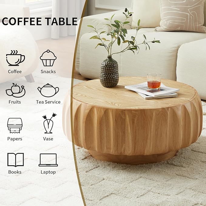 LKTART 31.5" Round Coffee Table Drum Table Contemporary Wood Fluted Centry Table with Solid Wood Veneer for Living Room (Natural)