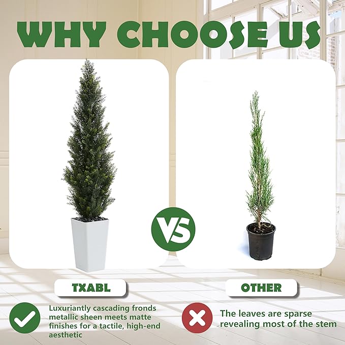 Artificial Cedar Trees 5FT Tall Artificial Bushes Cypress Shrubs, Fake Evergreen Shrubs with Extra Dense Foliage Realistic Potted & Pebbles Faux Plants for Front Porch Outdoor Christmas Tree