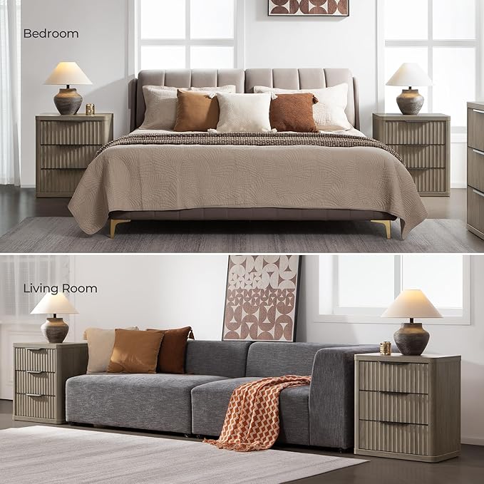 SICOTAS Night Stand Set of 2 Nightstands with 3 Drawers Storage Bedside Table Large Fluted Bed Side End Table Modern 25.6" Tall Wide Night Stands for Bedroom Living Room Sofa Couch Office, Grey Alder