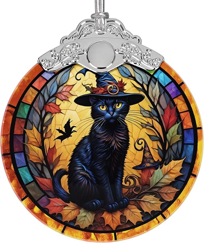 2025 Ornaments for Christmas Tree, Zmoicky Stained Glass Hanging Ornament, Christmas Ornaments Clearance, Gift Exchange Ornament, Bauble Present - Witch's Black Cat