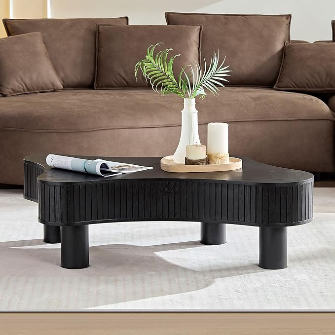 WILLIAMSPACE 42.52" Wooden Coffee Table, Modern Luxury Handcraft Wood Circle Drum Coffee Table for Living Room, Accent Center Table Side Table with Solid Wood Leg for Apartment (Black)