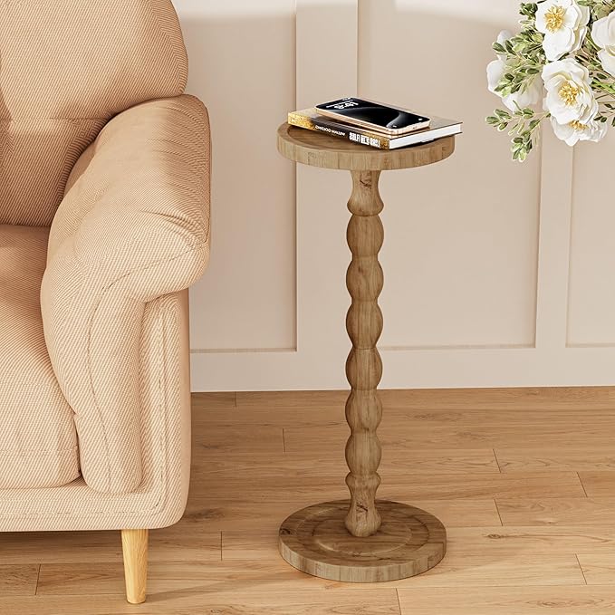 Small Side Table, Rubberwood‌ Drink Table for Small Spaces, Solid Wood Pedestal Tables, Round End Tables for Living Room, Bedroom, Corners, and Office (Brown, 9.4 inch)