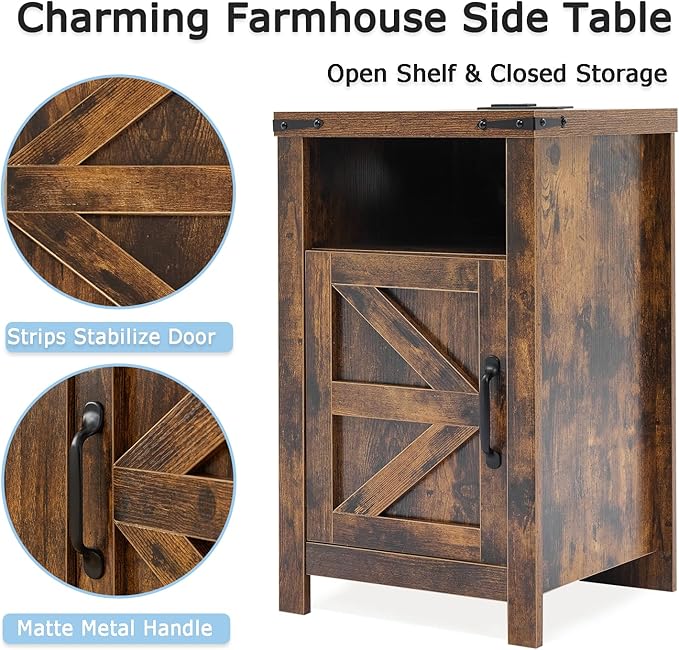 Brown Farmhouse Nightstand Set of 2, Rustic End Table with Barn Door and Shelf, Bedside Table with Charging Station for Living Room, Bedroom