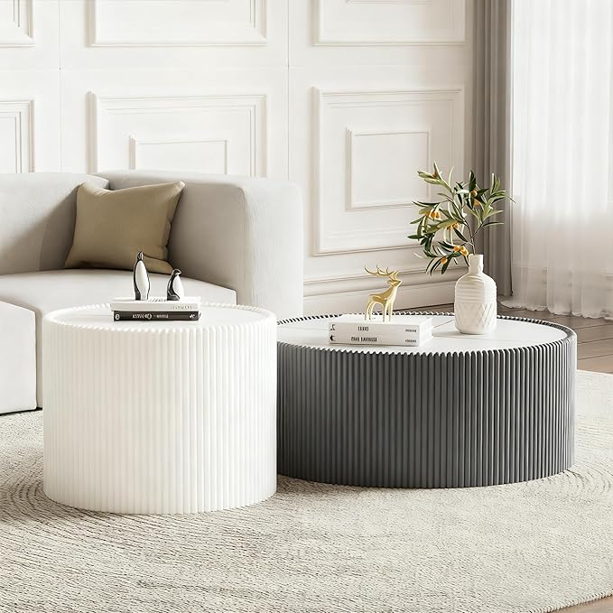 Round Living Room Table Set, 29.52" Grey Drum Center Table and 17.71" White Coffee Table Set, 2 Pieces Coffee Table Set with Sintered Stone Tabletop, Fluted PU Leather Covered and StableBase