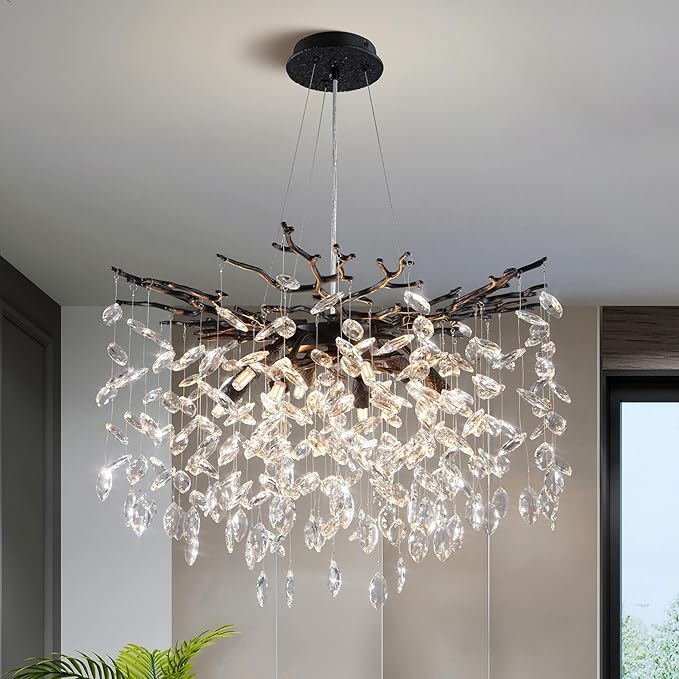 YUYI 23.6" Black Chandelier, 8-Light Modern Crystal Tree Branch Chandelier for Dining Room, Contemporary Luxury Round Raindrop Pendant Light Fixture for Living Room, Foyer, Entryway, Kitchen, Bedroom