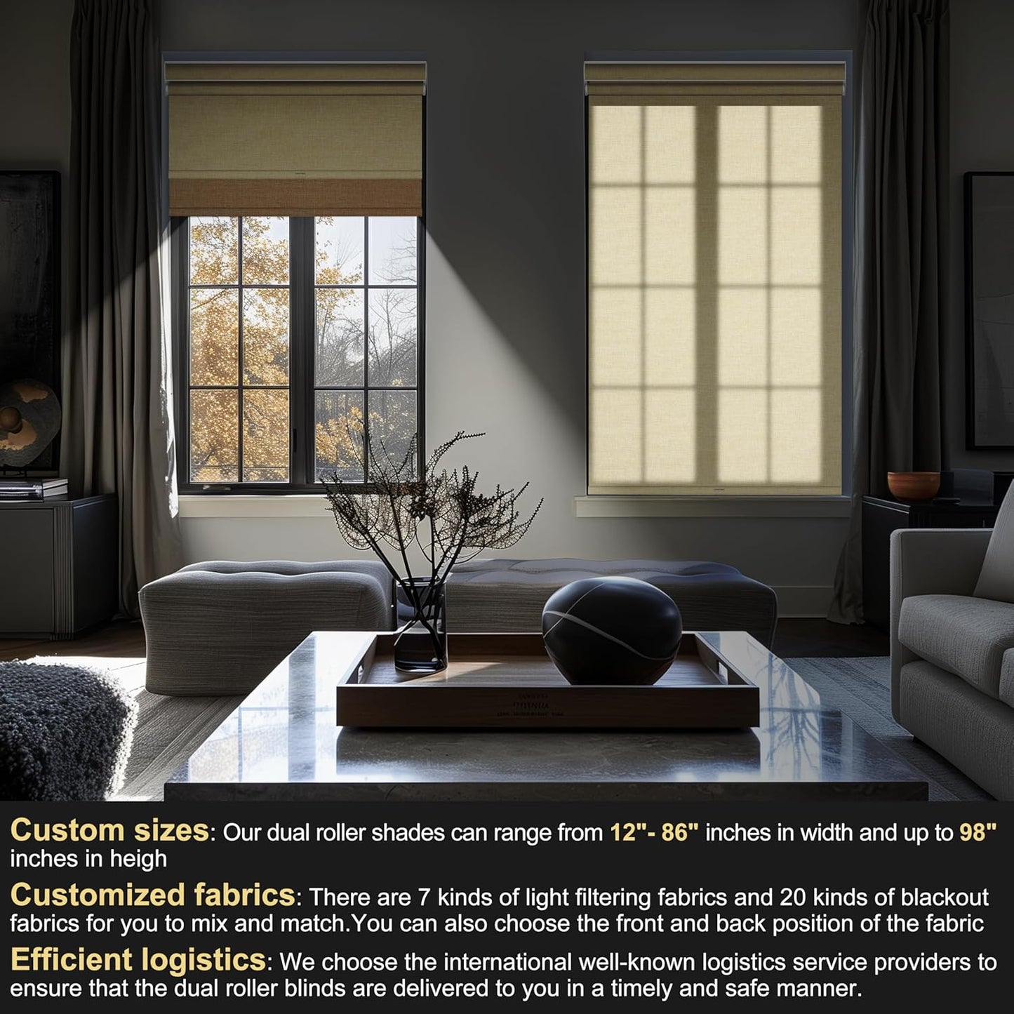 BERISSA Cordless Dual Roller Shades With Cassette Valance, Blackout and Light Filtering, Day and Night for Home Office Door - Linen Beige, 47 W x 64" H