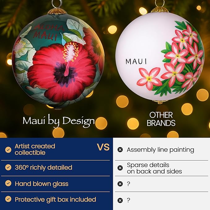 Collectible Maui Christmas Ornament Red Hibiscus Hand Painted from Inside The Glass with Gift Box HCC/M