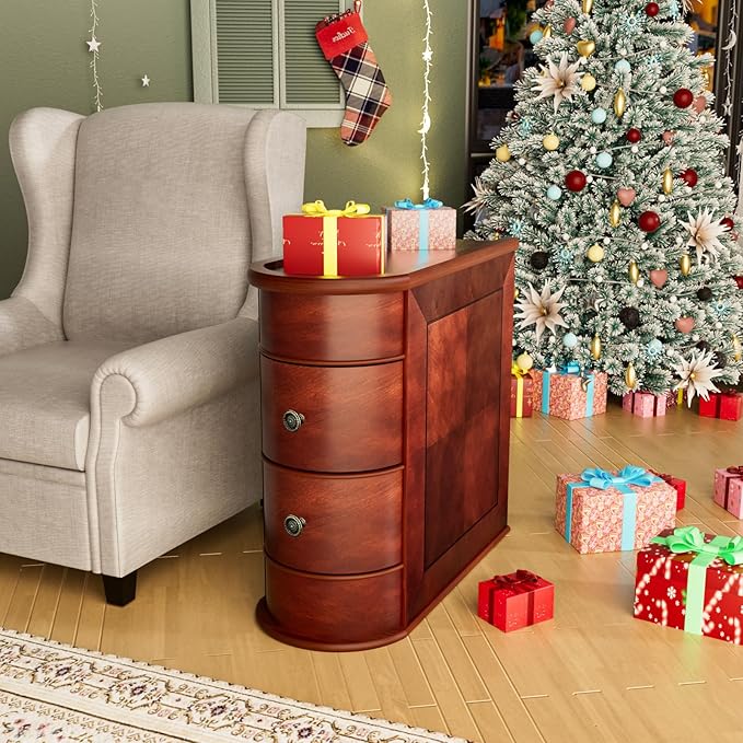 ROOMTEC Solid Wood End Table,Narrow Side Table with 2 Drawers,No Assembly,Slim Chair Side Table, Finished Back,Vintage Wood Narrow Sofa Side Table for Living Room Bedroom(2 Pack)