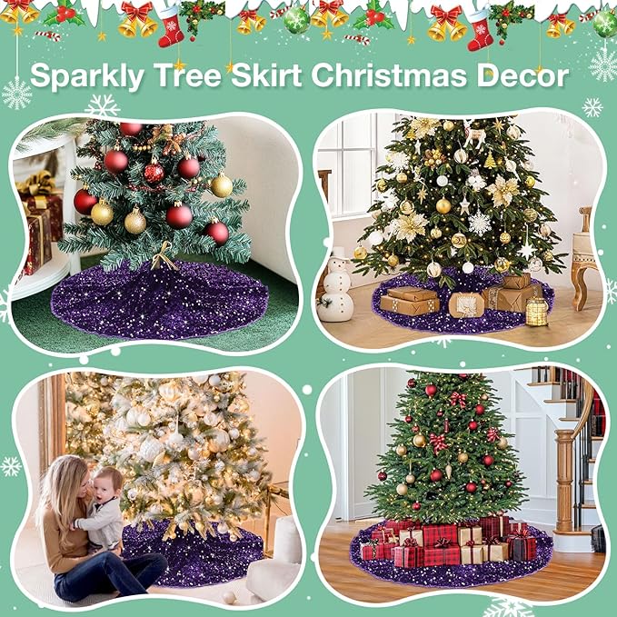 Purple Sequin Tree Skirt 48 Inches Sparkly Christmas Tree Skirts Velvet Halloween Tree Skirt Large Santa Tree Skirts Xmas Tree Base Cover Royal Purple Tree Cover for Christmas Party Decor