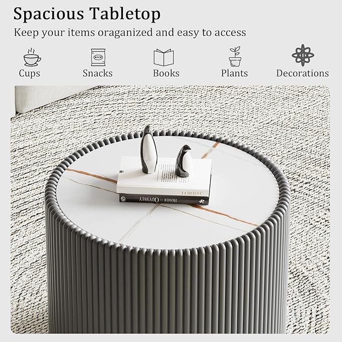 17.71" Grey Round Coffee Table, Drum Coffee Table with Sintered Stone Tabletop and Fluted PU Leather Covered and Stable Base, Circle Cocktail Tea Table for Living Room