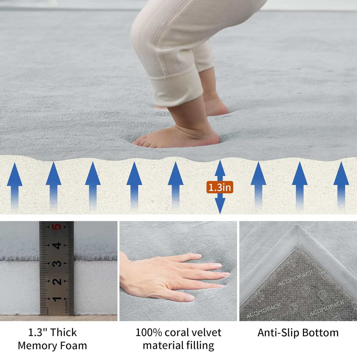 ACOMOPACK Baby Play Mat for Floor,1.3" Thick Memory Foam Area Rug for Living Room,Soft Velvet Crawling with Non-Slip Bottom for Kid,Toddler,71"×79" Tummy Time Nursery Rugs,Yoga（Light Grey）