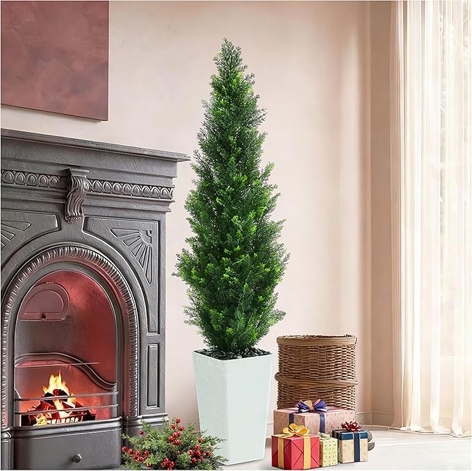 Artificial Cedar Trees 5FT Tall Artificial Bushes Cypress Shrubs, Fake Evergreen Shrubs with Extra Dense Foliage Realistic Potted & Pebbles Faux Plants for Front Porch Outdoor Christmas Tree