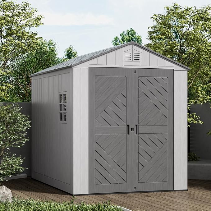 6x11 FT Storage Shed with Floor,HDPE Resin Outdoor Storage Shed Weather Resistant,Lockable Garden Sheds with Windows for Home/Garden Tools/Backyard/Lawn Mower/Bike Storage(Gray)