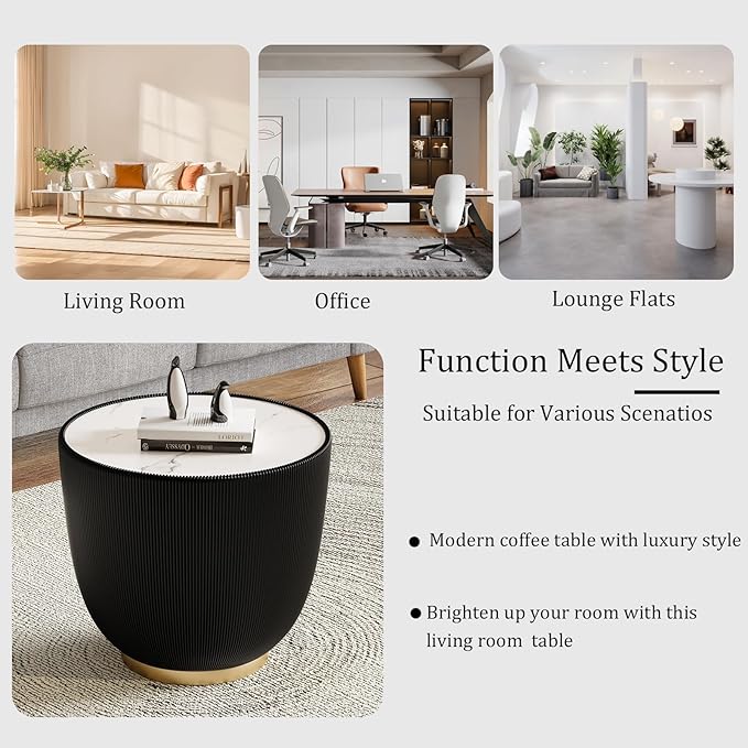Round Living Room Table Set, 27.56" Grey Drum Center Table and 19.69" Black Coffee Table Set, 2 Pieces Coffee Table Set with Sintered Stone Tabletop, Fluted PU Leather Covered and Metal Base
