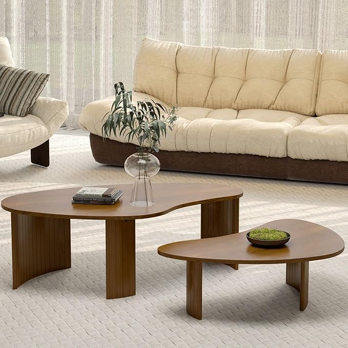 Mid Century Modern Coffee Table Set of 2, Nesting Coffee Tables with Wood Grain Veener, Fluted End Table for Living Room, Farmhouse, Walnut