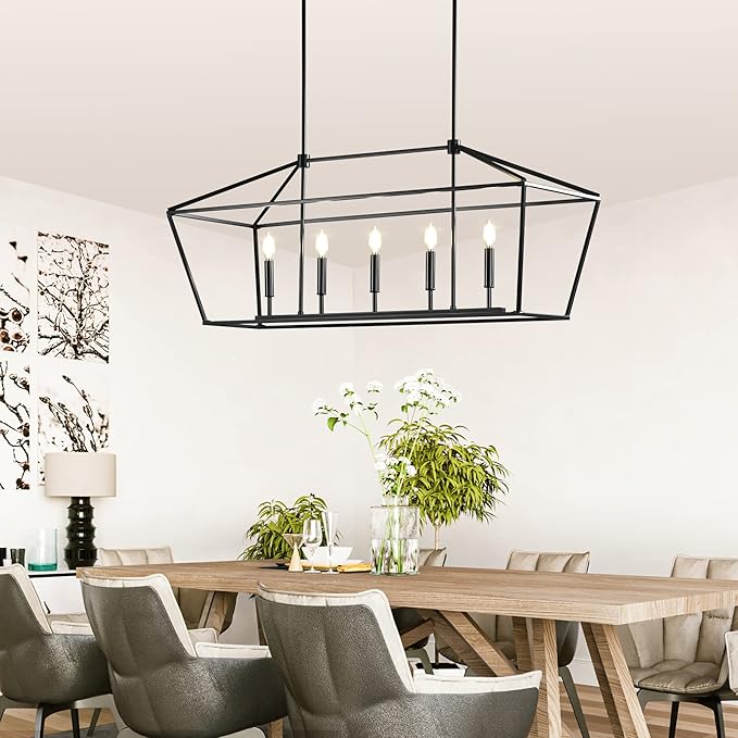 MantoLite Farmhouse Chandelier 5-Lights Black Kitchen Island Dinning Light Fixtures Industrial Height Adjustable Hanging Pendant Lighting Metal E12 Rustic Chandeliers for Dinning Room（No Bulbs）