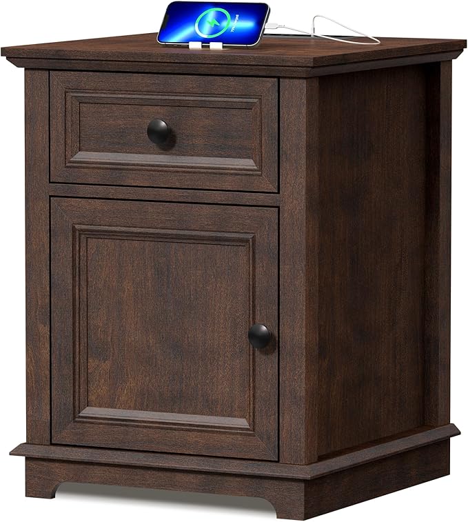 24" Tall End Table with Fast Charging Station, Square Side Table with Drawer & Large Storage Cabinet, Vintage Wooden Table for Living Room/Bedroom, Cherry
